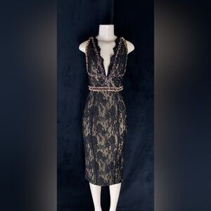Elegant Black Lace Midi Dress with Beaded Trim by Mandalay